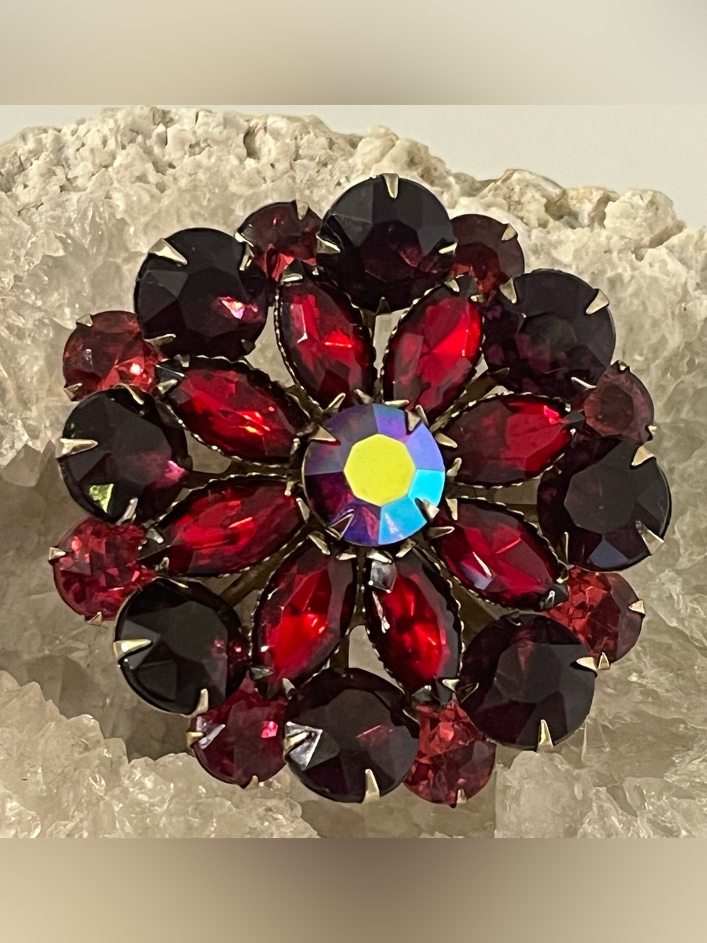 Vintage Brooch mid century 2” featuring a rich red and purple rhinestone design